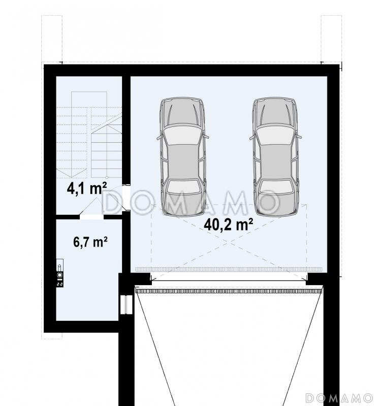 Проект дома с подземным гаражом на два автомобиля, кабинетом, светлой дневной зоной, спальнями на втором этаже / План цокольного этажа