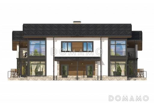 Проект дома на две семьи с террасой, котельной, кухней-столовой и большой гостиной, кабинетом / Фасад 1