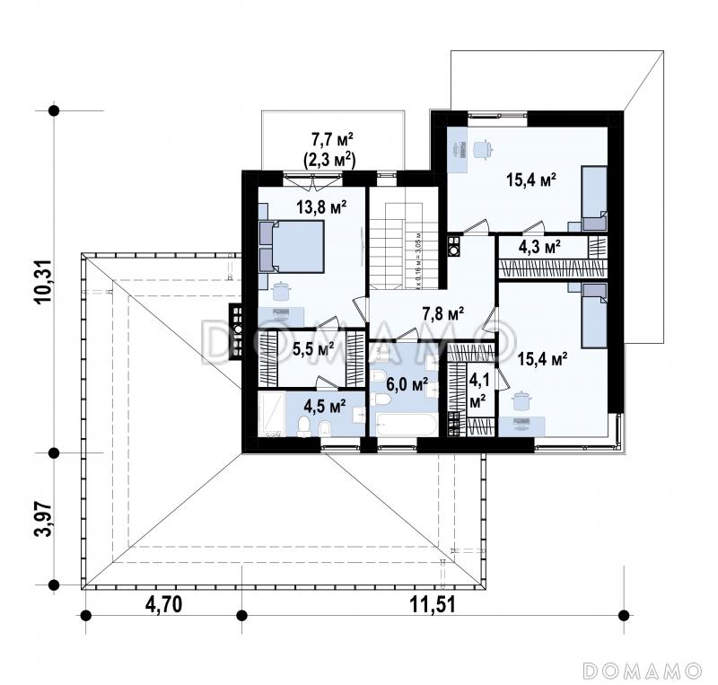 Проект двухэтажного дома с подвалом, гаражом на 2 машины, кабинетом, мастер-спальней  с балконом / План 2 этажа