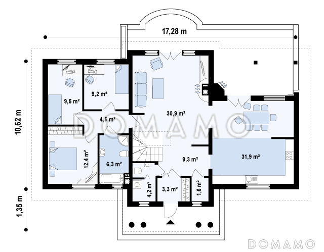 Проект просторного одноэтажного мансардного дома из газобетона с барбекю на крытой угловой террасе / План 1 этажа
