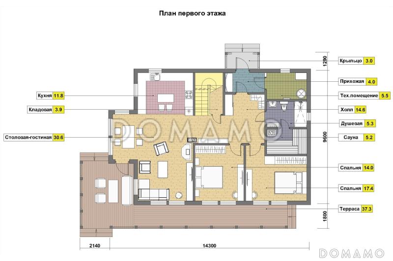 Проект мансардного дома из газобетона с 4 спальнями, кабинетом, сауной и крытой террасой / План 1 этажа