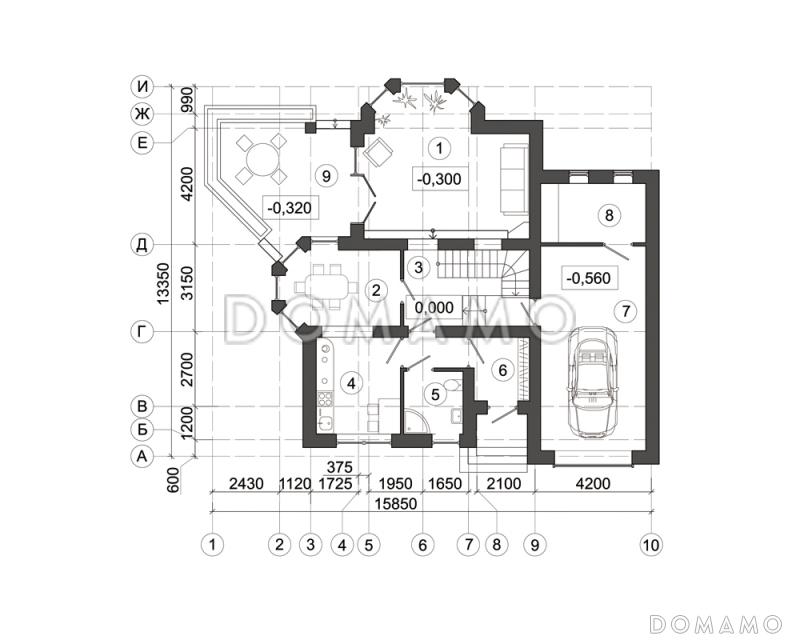 Проект вместительного дома с эркерами, гаражом и большой террасой / План 1 этажа
