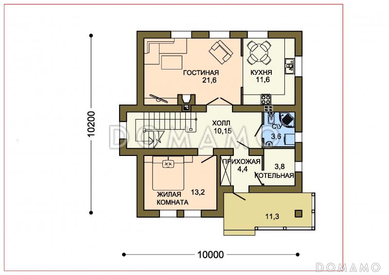 Проект коттеджа с зеленой крышей и желтыми кирпичными вставками / План 1 этажа