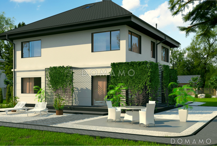 Проект загородного дома с кладовой в кухне, гаражом, мастер-спальней на мансарде с террасой