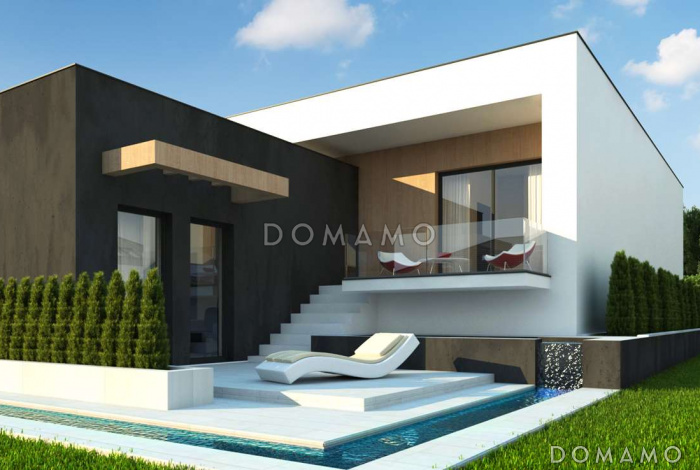 Проект современного двухэтажного дома из кирпича с подземным гаражом и террасой на втором уровне Проект современного двухэтажного дома из кирпича с подземным гаражом и террасой на втором уровне