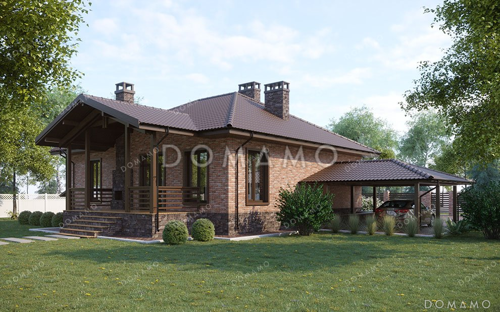 Проект одноэтажного дома с просторной террасой и навесом для автомобиля / 1