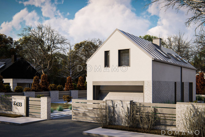 Проект компактного дома с двухскатной крышей, гаражом, просторной гостиной, кладовой в кухне