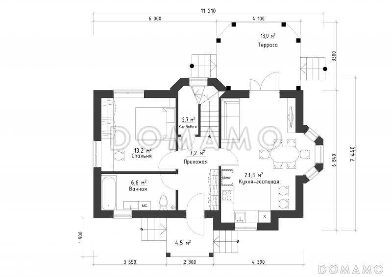 Проект уютного дома с мансардой и террасой / План 1 этажа