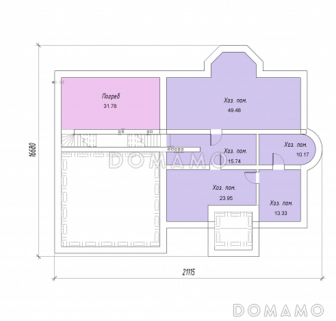 Проект двухэтажного дома с цокольным этажом, гаражом, эркером и террасой / План цокольного этажа Проект двухэтажного дома с цокольным этажом, гаражом, эркером и террасой / План цокольного этажа