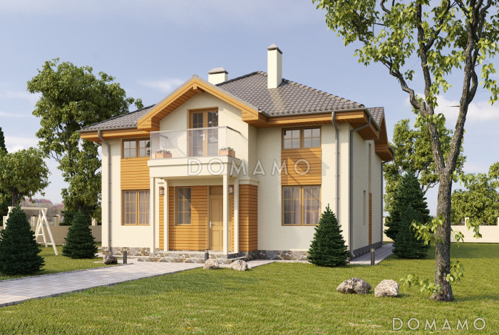 Проект загородного дома с кладовой в кухне, просторной гостиной, террасой, балконом