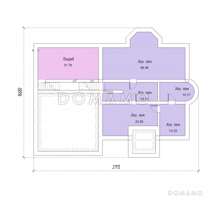 Проект двухэтажного дома с цокольным этажом, гаражом, эркером и террасой / План цокольного этажа