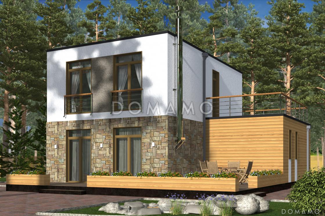 Проект дома с просторной открытой террасой, гаражом, спальнями и большим балконом-террасой на втором этаже / 2