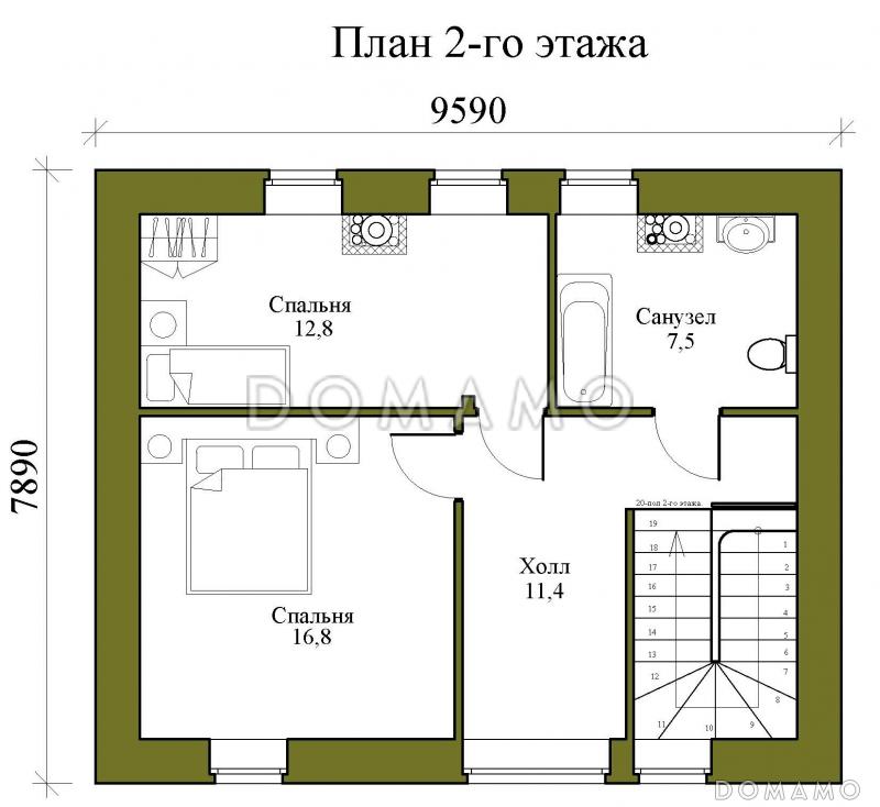 Проект двухэтажной бани с двумя спальнями и кухней-гостиной / План 2 этажа