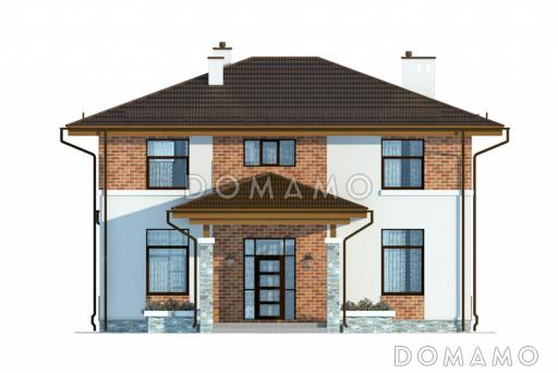 Проект двухэтажного коттеджа с панорамным остеклением на террасу и со вставками красного кирпича / Фасад 2