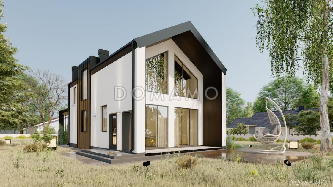 Проект двухэтажного дома из газобетона в стиле барнхаус с навесом для автомобиля и вторым светом / 1