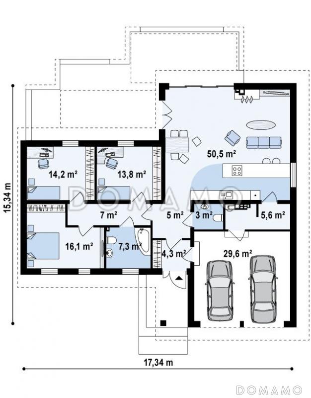 Проект одноэтажного дома из кирпича с просторной гостиной и гаражом на два автомобиля / План 1 этажа