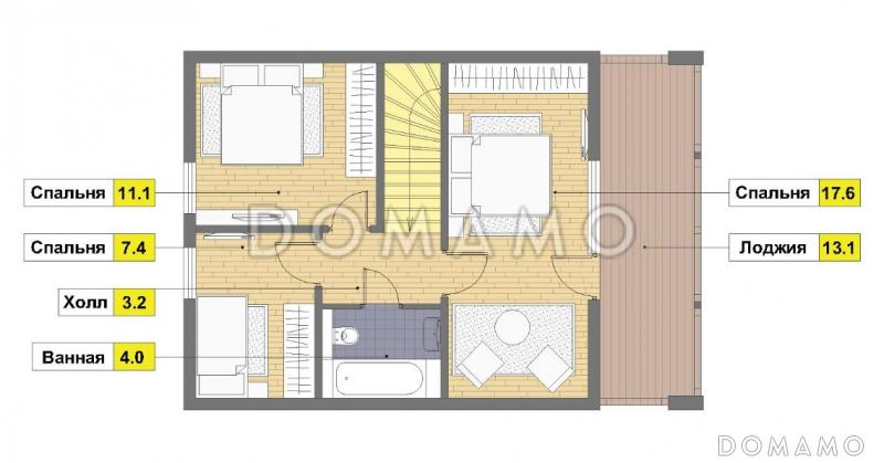 Проект двухэтажного каркасного дома с 4 спальнями и просторной лоджией / План 2 этажа
