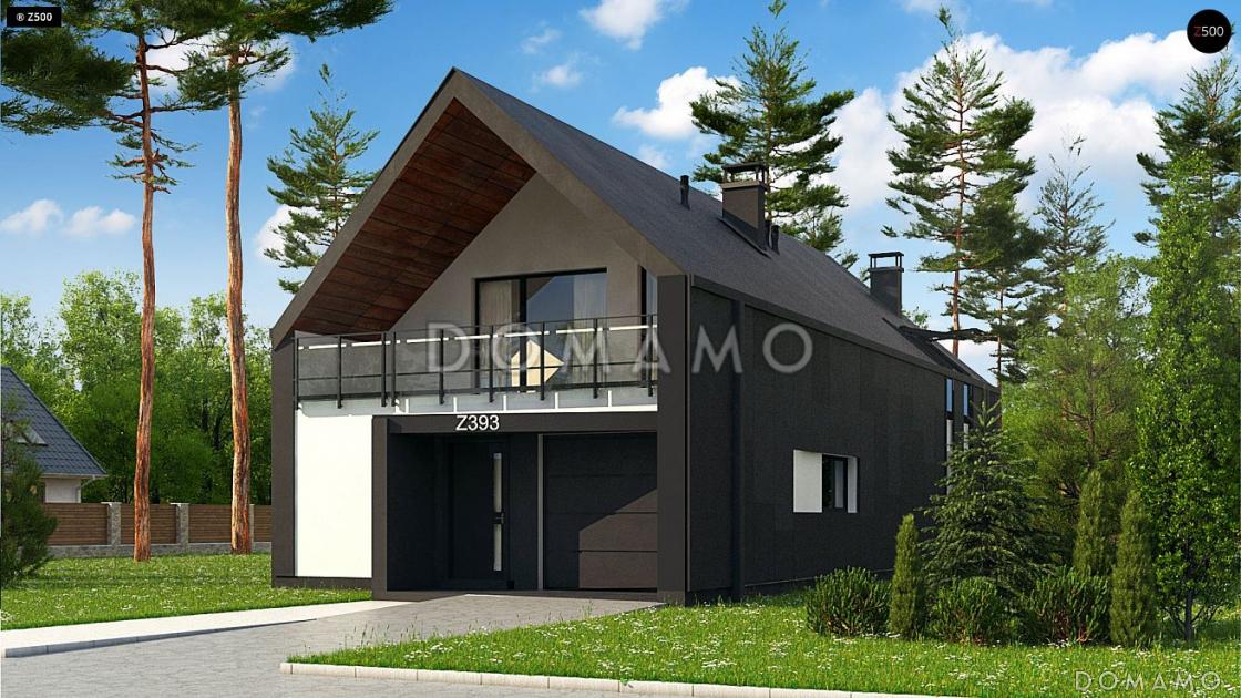 Проект аккуратного современного мансардного дома из кирпича с гаражом и террасой над входом / 1