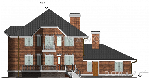 Проект двухэтажного дома с цокольным этажом, гаражом, эркером и террасой / Фасад 2
