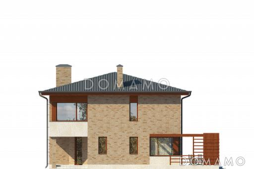 Проект двухэтажного квадратного дома с отрытой террасой, спальней на первом этаже, большой ванной / Фасад 4