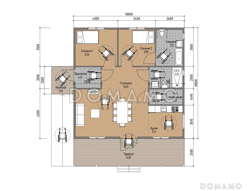 Дом, адаптированный для маломобильных людей, 10х10м. Дк-189 / План 1 этажа