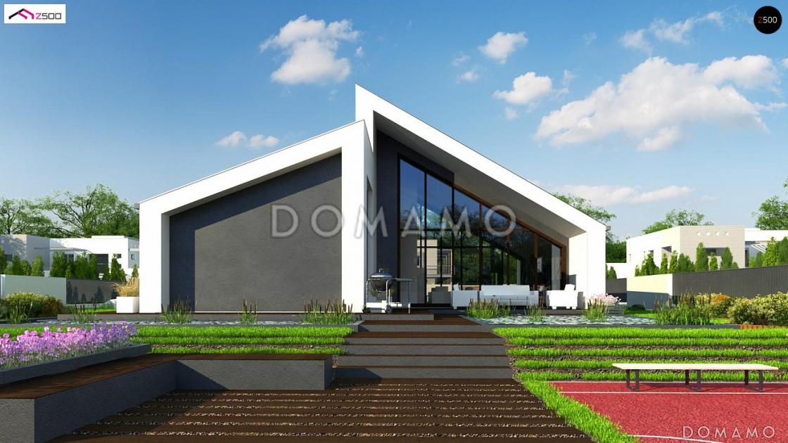 Проект современного одноэтажного дома из кирпича с тремя спальнями и просторной гостиной с панорамным остеклением / 5