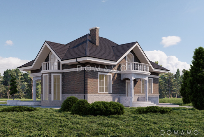 Проект двухэтажного газобетонного дома с тремя балконами, округлыми террасой и крыльцом