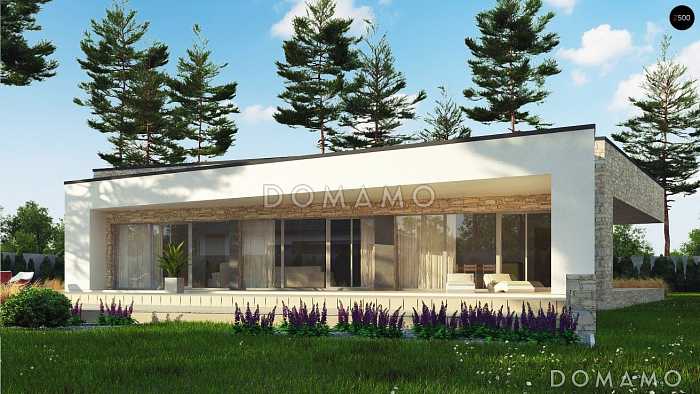 Проект просторного современного одноэтажного дома из кирпича с плоской крышей с тремя спальнями, крытыми террасами и одноместным гаражом Проект просторного современного одноэтажного дома из кирпича с плоской крышей с тремя спальнями, крытыми террасами и одноместным гаражом