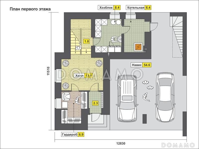 Проект загородного дома с навесом на две машины, крытой террасой, техническими помещениями на первом этаже / План 1 этажа