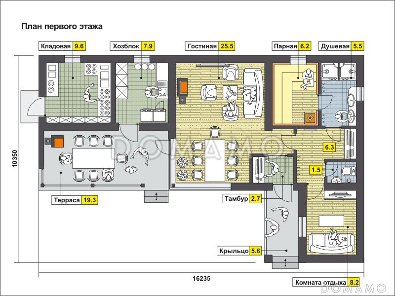 Проект одноэтажного дома по технологии ЛСТК с крытой террасой с барбекю, кладовой, хозблоком, гостиной с камином, парной и комнатой отдыха / План 1 этажа