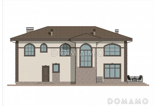 Проект двухэтажного дома из газобетона с 5 спальнями, сауной и гаражом на 1 машину / Фасад 4