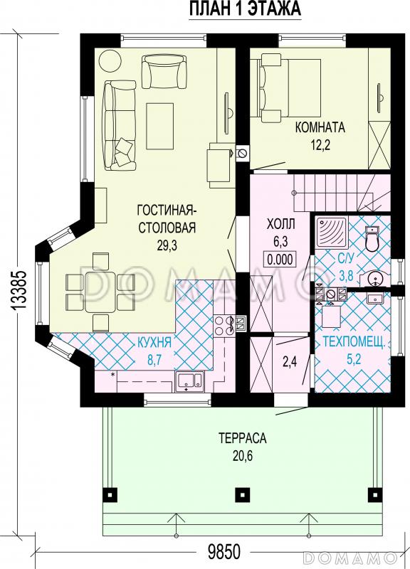 Проект дома из газобетона с эркером, крыльцом-террасой и 4 спальнями / План 1 этажа