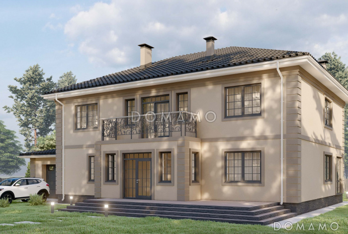 Проект двухэтажного дома с сауной в классическом стиле S-349