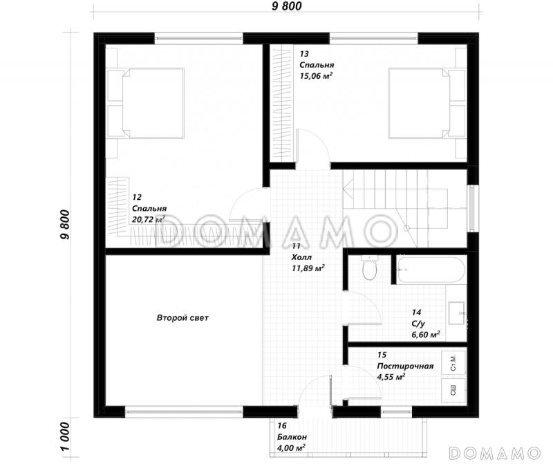 Проект двухэтажного дома в европейском стиле по каркасной технологии со вторым светом  / План 2 этажа