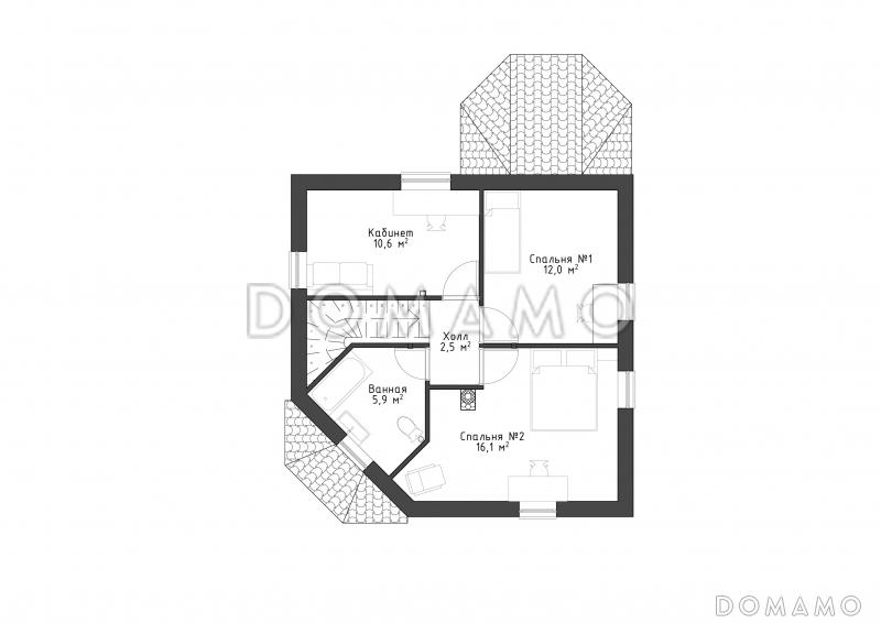 Проект квадратного  коттеджа  со входом с угла, террасой и подвалом. / План мансардного этажа