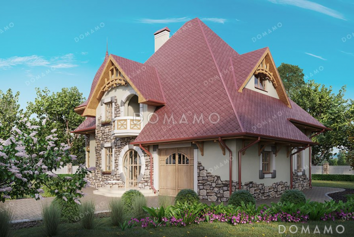 Проект дома с эркером и террасой в стиле замка