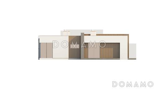 Проект современного одноэтажного дома из газобетона с плоской крышей с тремя спальнями и гаражом  / Фасад 1