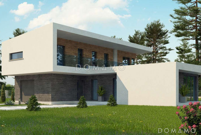 Проект современного двухэтажного дома из кирпича с плоской крышей, четырьмя комнатами и одноместным гаражом Проект современного двухэтажного дома из кирпича с плоской крышей, четырьмя комнатами и одноместным гаражом