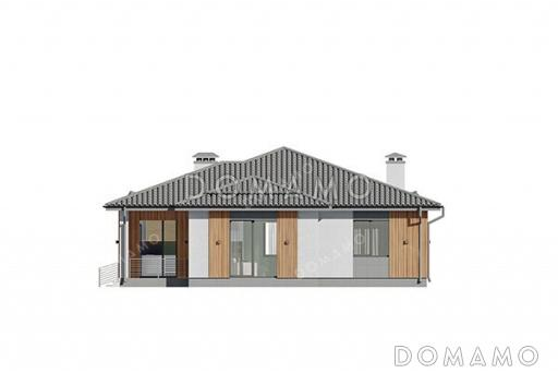 Проект одноэтажного дома с кабинетом, навесом для машины, тремя спальнями и небольшой угловой террасой / Фасад 3