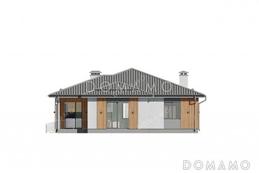 Проект одноэтажного дома с кабинетом, навесом для машины, тремя спальнями и небольшой угловой террасой / Фасад 3