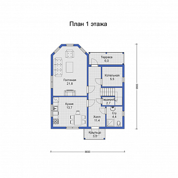 Дом с большим балконом-террасой на втором этаже / План 1 этажа