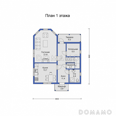 Дом с большим балконом-террасой на втором этаже / План 1 этажа