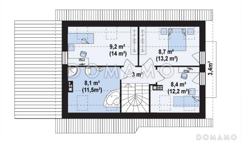 Проект одноэтажного мансардного дома из газобетона с балконом и навесом для автомобиля, с увеличенной гостиной / План мансардного этажа