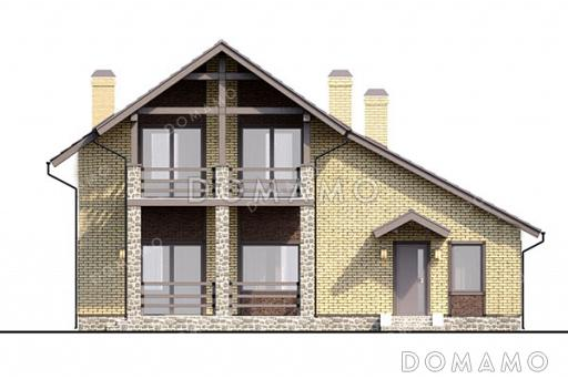 Проект дома с гаражом, тремя спальнями на мансарде и широким балконом / Фасад 3