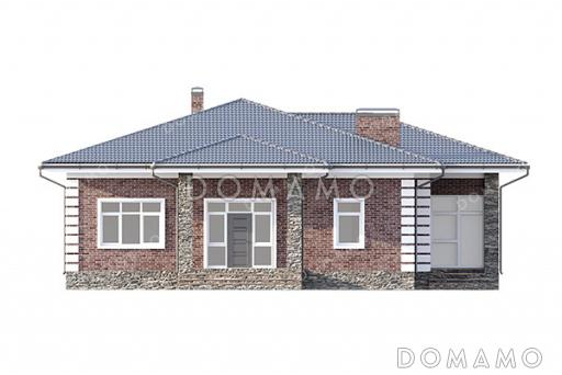 Проект одноэтажного дома с большим тамбуром, тремя комнатами, верандой и террасой / Фасад 3