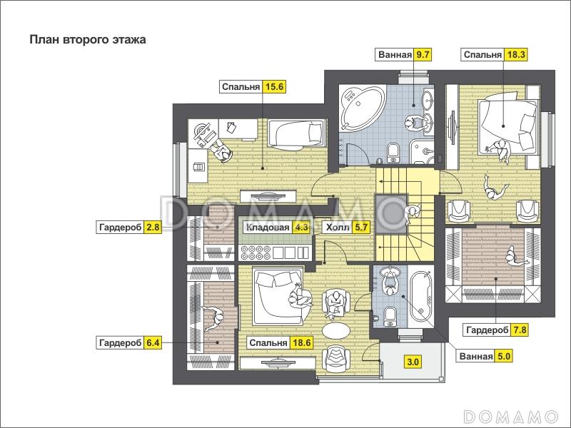 Проект дома с гаражом, гостиной с панорамным окном, тремя спальнями на мансардном этаже, кладовой / План мансардного этажа