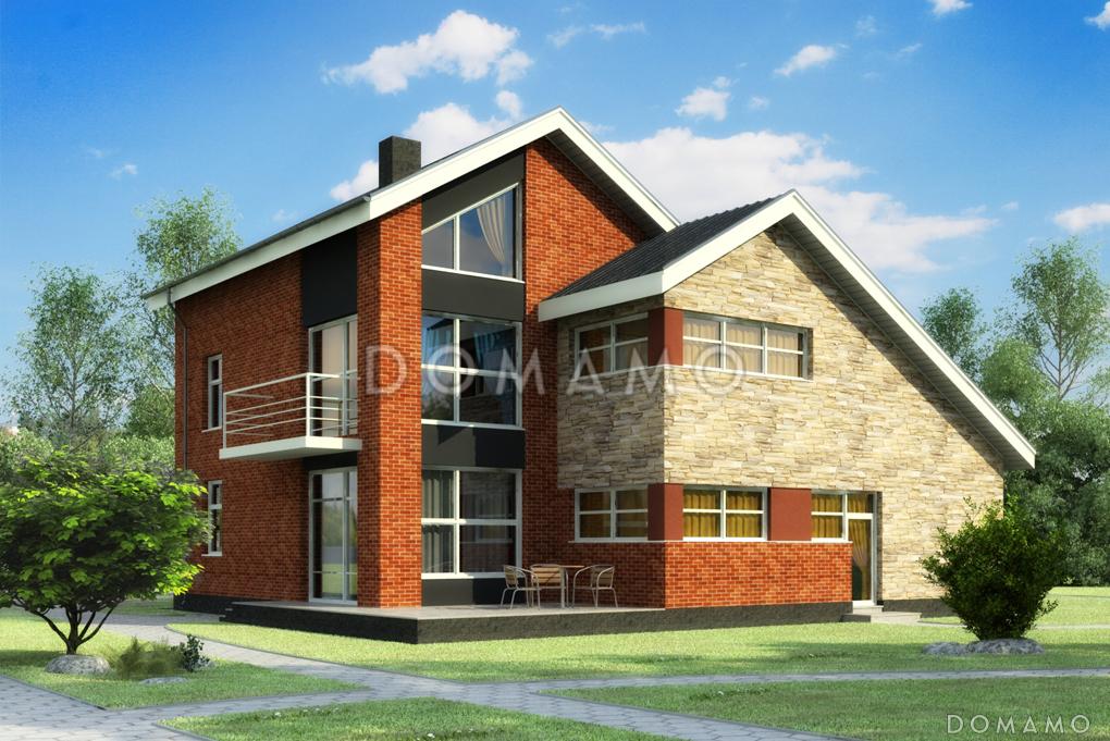 Проект кирпичного загородного дома в современном стиле с открытой террасой и гаражом  / 2