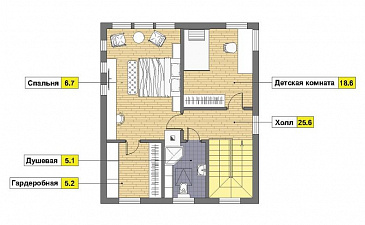 Проект дома из пеноблоков с навесом для машины и двумя спальнями на мансардном этаже / План мансардного этажа