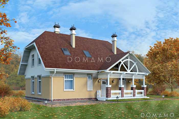 Проект коттеджа с двумя кладовыми и вытянутым крыльцом Проект коттеджа с двумя кладовыми и вытянутым крыльцом