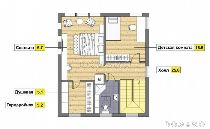 Проект дома из пеноблоков с навесом для машины и двумя спальнями на мансардном этаже / План мансардного этажа